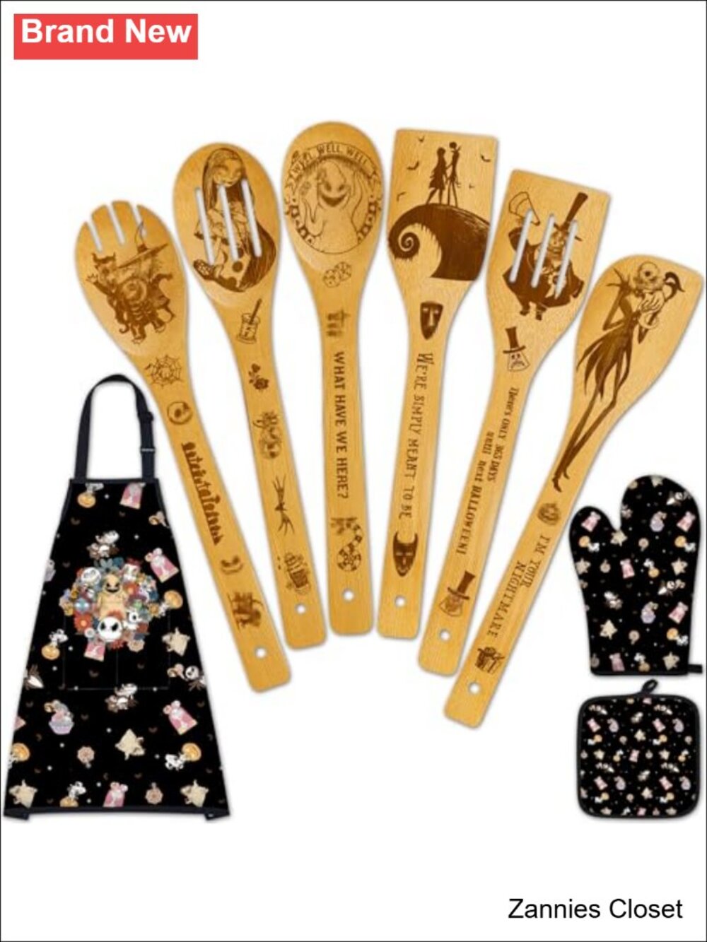 👻 Bamboo Wooden Cooking Spoons 9pc Set Apron Oven Mitt Potholder Night Kitchen